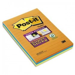 POS-IT Lot de 3 blocs Notes Super Sticky 101x152mm 45 feuilles lignées. Coloris orange, bleu, vert