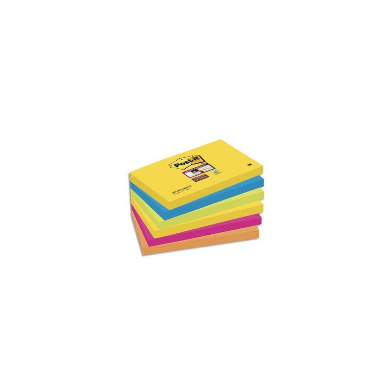 POST-IT Lot de 6 blocs Super Sticky Rio 90 feuilles 76x127 mm, jaune, bleu, vert, fuchsia, orange