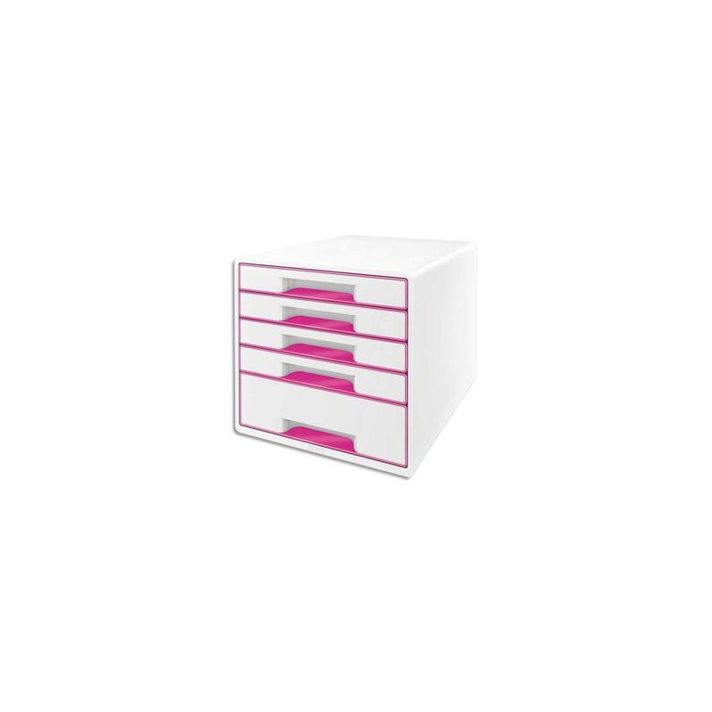 LEITZ Bloc de classement 5 tiroirs, blanc laqué et tiroirs - WOW rose - L29 x H36 x P 37 cm