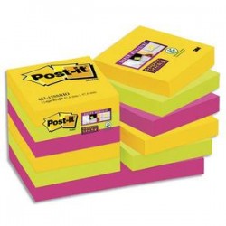 POST-IT Lot de 12 blocs Super Sticky Rio 90 feuilles 47,6x47,6mm, coloris jaune néon, vert néon, fuchsia