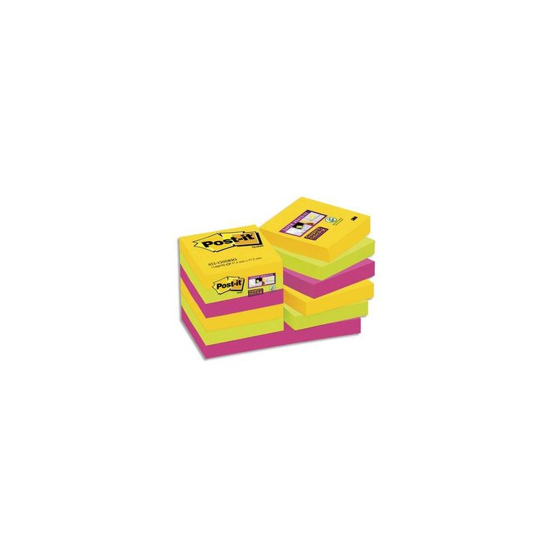 POST-IT Lot de 12 blocs Super Sticky Rio 90 feuilles 47,6x47,6mm, coloris jaune néon, vert néon, fuchsia