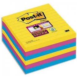 POST-IT Lot de 6 blocs 90 feuilles Super Sticky RIO lignées 101x101mm, jaune néon, fuchsia, méditerranée