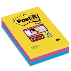 POST-IT Lot de 3 blocs 90 feuilles Super Sticky RIO lignées 101x152mm, jaune néon, fuchsia, méditerranée