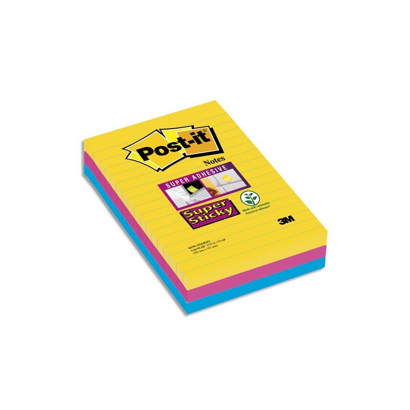 POST-IT Lot de 3 blocs 90 feuilles Super Sticky RIO lignées 101x152mm, jaune néon, fuchsia, méditerranée