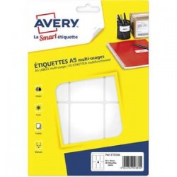 AVERY Sachet de 96 étiquettes multi-usage blanches 80 x 45 mm. Planche format A5. ETE006