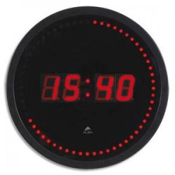 ALBA Horloge à led Horled cadre plastique noir lentille en verre D30cm affichage numérique rouge à quartz
