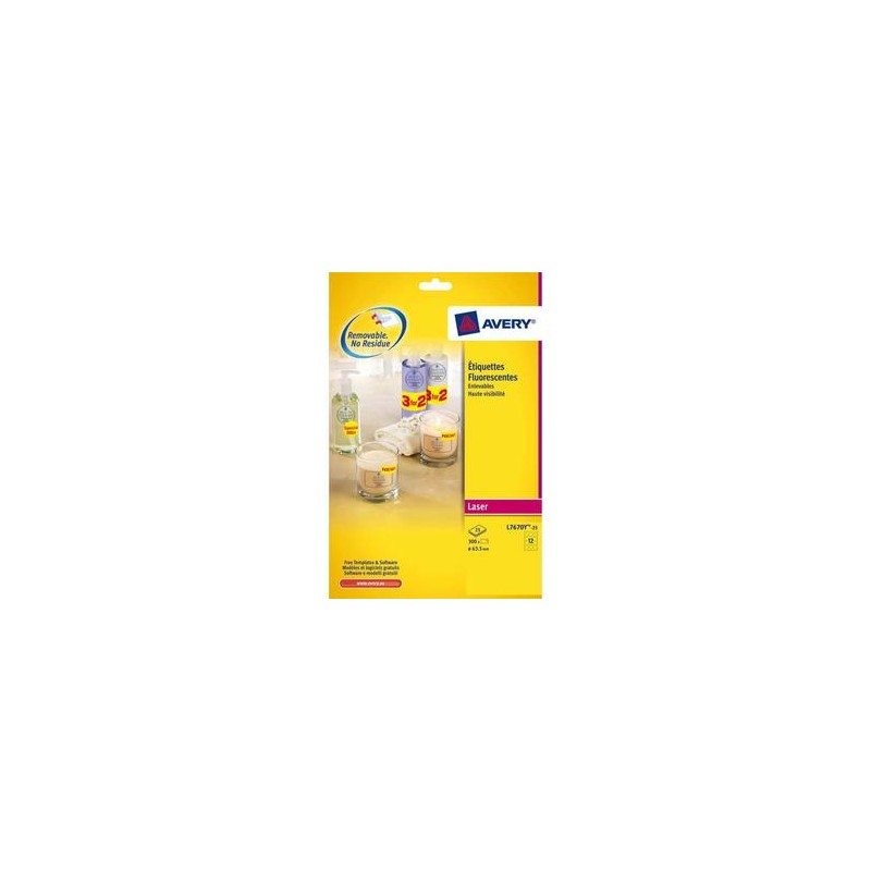 AVERY Boîte de 300 étiquettes laser jaune fluo diamètre 63.5 L7670Y-25