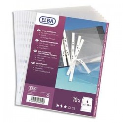 ELBA Sachet de 10 pochettes perforées en polypro lisse 9/100. Format A3 paysage ou A3 plié (A4), 11 trous