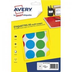 AVERY Sachet de 168 pastilles Ø30 mm. Imprimables. Coloris assortis.