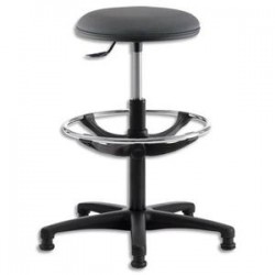 Tabouret grande hauteur vinyle noir avec repose-pieds en acier chromé sur patins