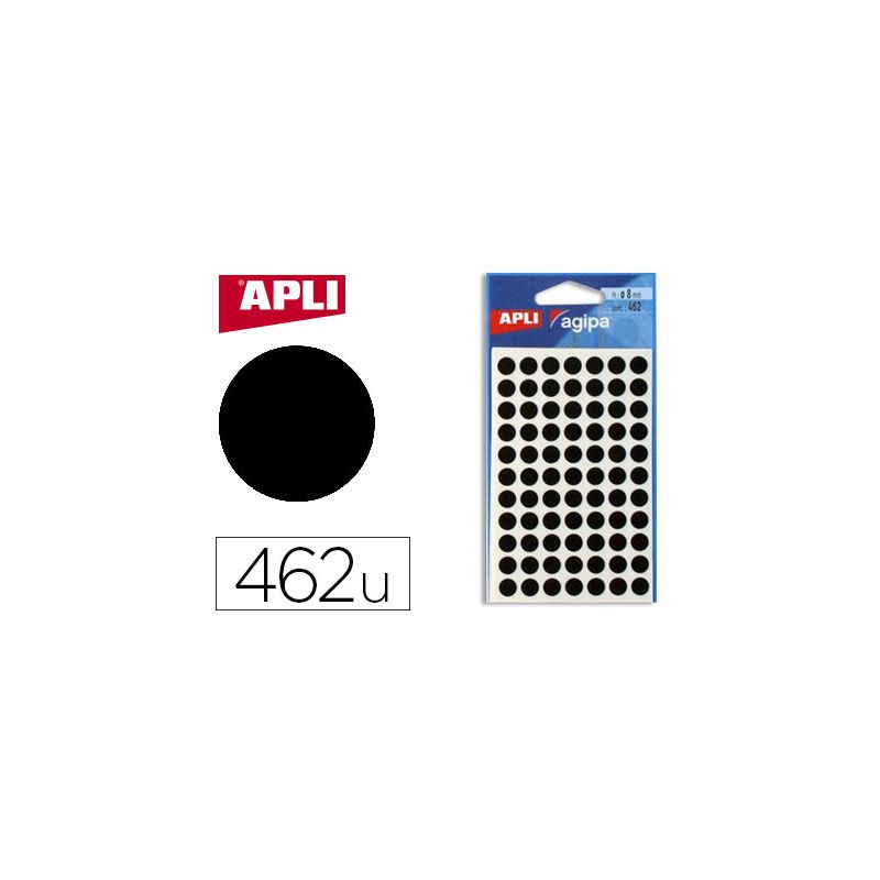 Pastille adhésive apli agipa diamètre 8mm permanente coloris noir pochette 462 unités