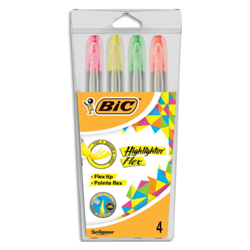 BIC Pochette de 4 surligneurs FLEX. Coloris : Jaune, Rose, Orange et Vert.