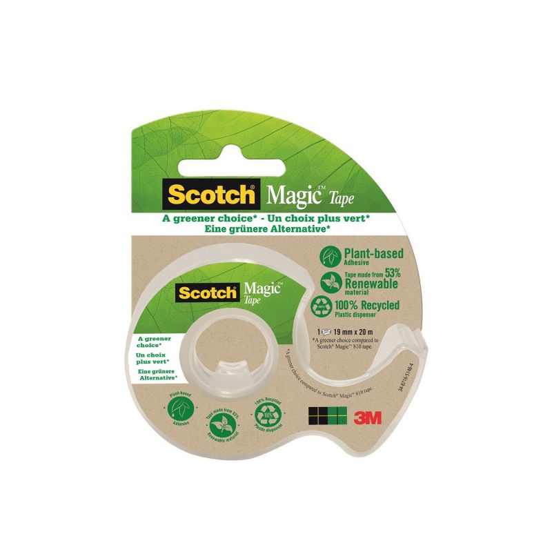 SCOTCH Dévidoir à main transparent en plastique recyclé 90% avec rouleau Magic recyclé 19mm x 20m