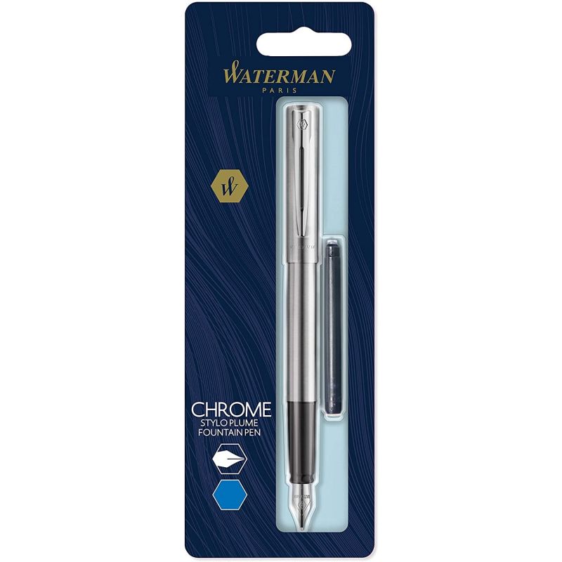 WATERMAN GRADUATE Stylo Plume Chromé + 1 Cartouche Longue Encre Bleue