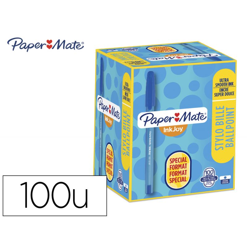 PAPERMATE Boîte de 100 Stylos bille INKJOY à Pointe moyenne Encre Bleue