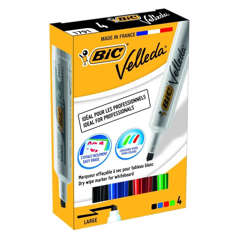 BIC VELLEDA 1791 pochette de 4 Marqueurs effaçables à sec pour tableaux Blancs pointe biseau encre cétone