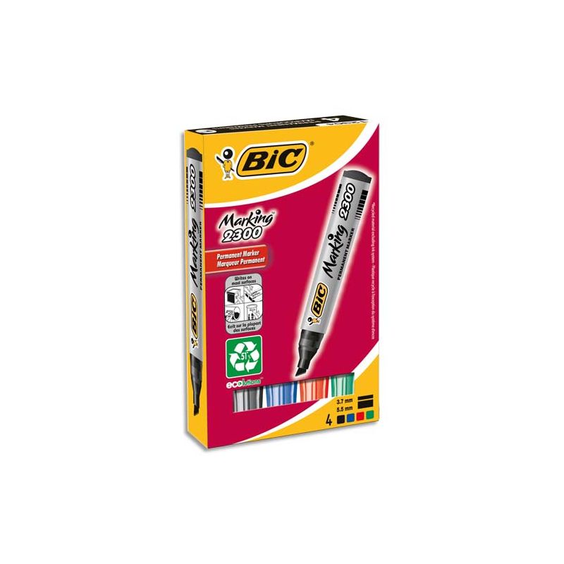 BIC MARKING 2300 Pochette de 4 marqueurs permanents pointe biseautée coloris assortis