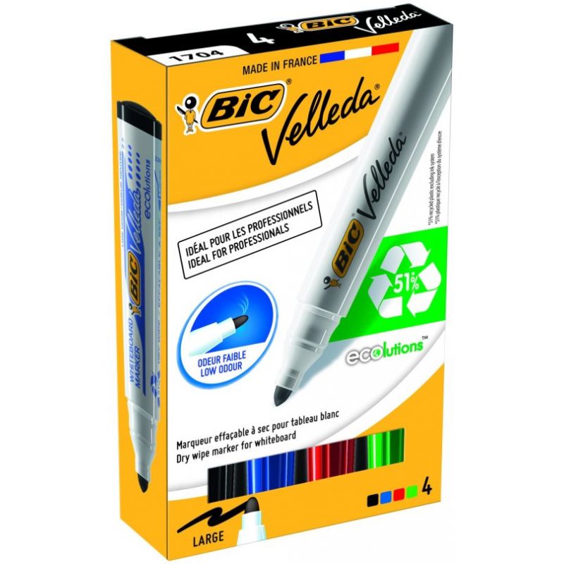 BIC VELLEDA 1701 Pochette de 4 Marqueur effaçable à sec pour tableaux Blancs pointe ogive