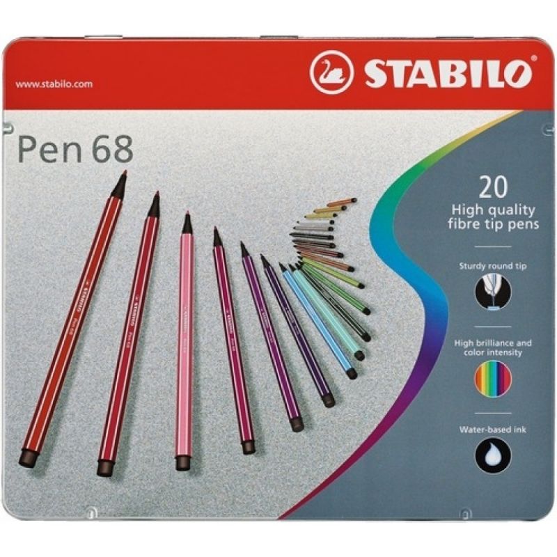 STABILO Boîte en métal de 20 feutres Pen 68 à pointe moyenne