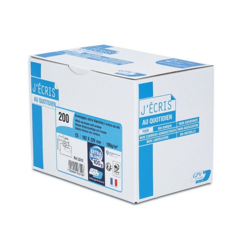 GPV Boîte de 200 enveloppes DL 110x220mm fenêtre 45x100mm 100g Blanches auto-adhésives