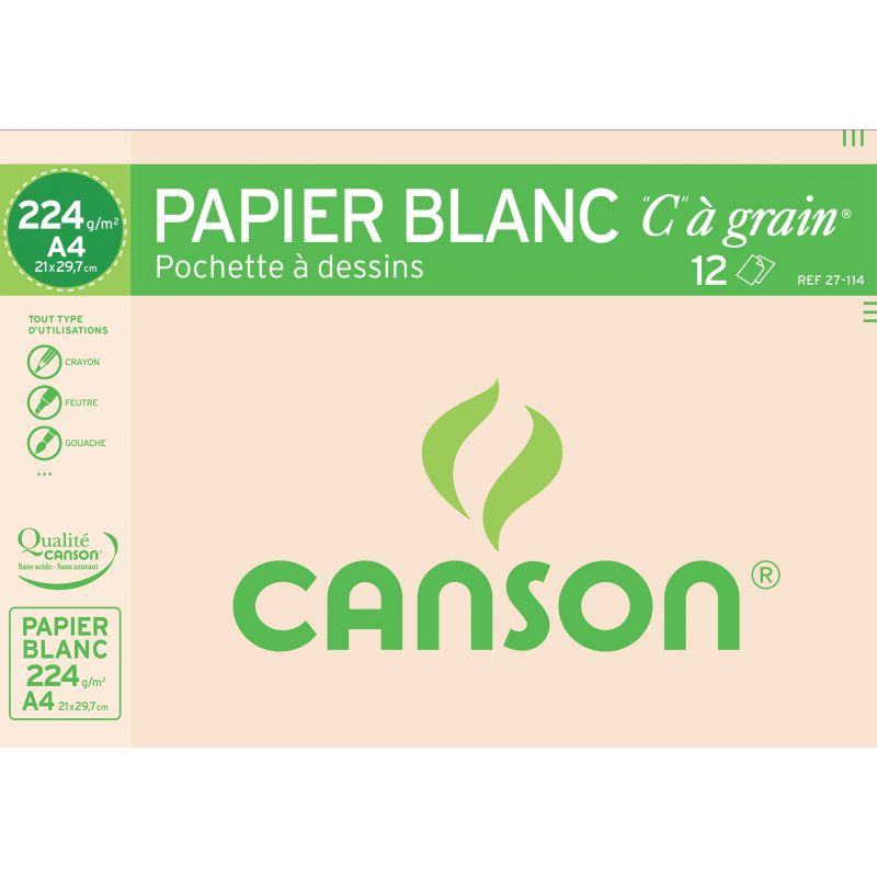 Papier dessin - 10 feuilles 24 x 32 cm - 160 g/m² - Recyclé - Canson - Blanc