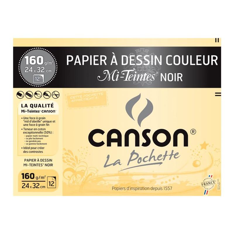 CANSON Pochette de 12 feuilles papier dessin MI-TEINTES 160g 24x32cm Noir