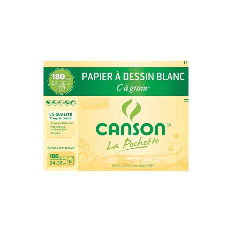 CANSON Pochette papier dessin C à grain - 24 x 32 cm - A3 180g - 12  feuilles - Couleur