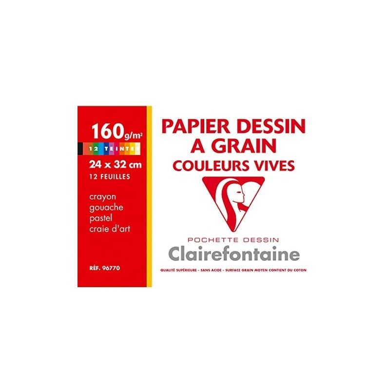 Pochette de 12 feuilles de papier à dessin à grain Clairefontaine
