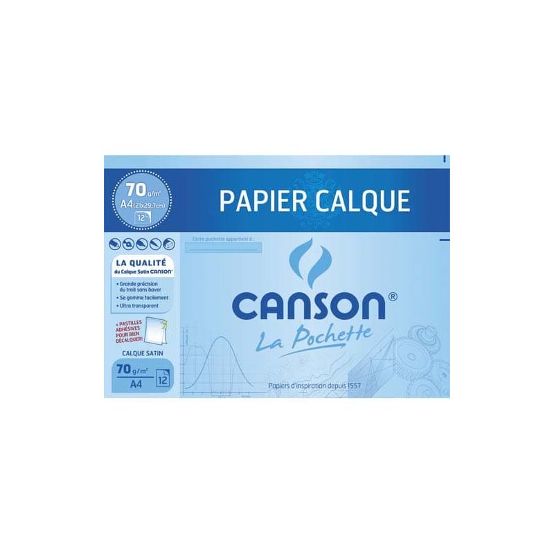 CANSON Pochette de 12 feuilles papier calque satin 70g A4 livrée avec pastilles repositionnables