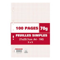 Sachet de 100 pages copies simples grand format A4 petits carreaux