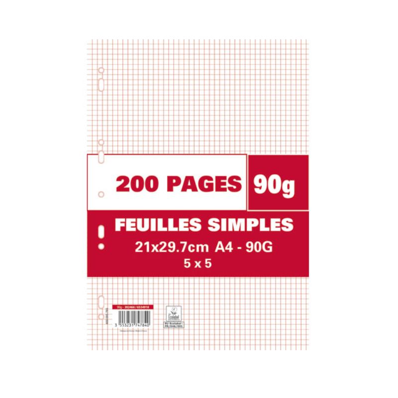 Sachet de 200 pages copies simples grand format A4 petits carreaux