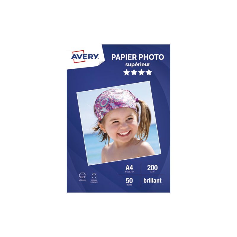 AVERY Boîte de 50 feuilles de papier photo brillant A4 jet d'encre 200g/m²