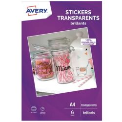 AVERY Sachet de 6 autocollants transparents A4. Impression jet d'encre