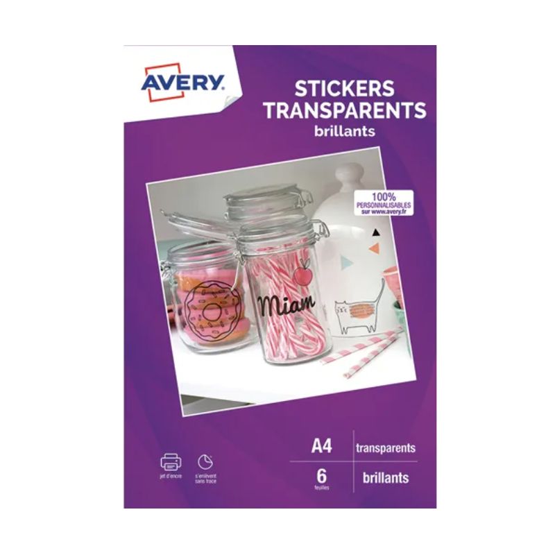 AVERY Sachet de 6 autocollants transparents A4. Impression jet d'encre