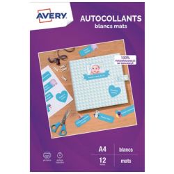 AVERY Sachet de 12 autocollants blancs mats A4. Impression jet d'encre