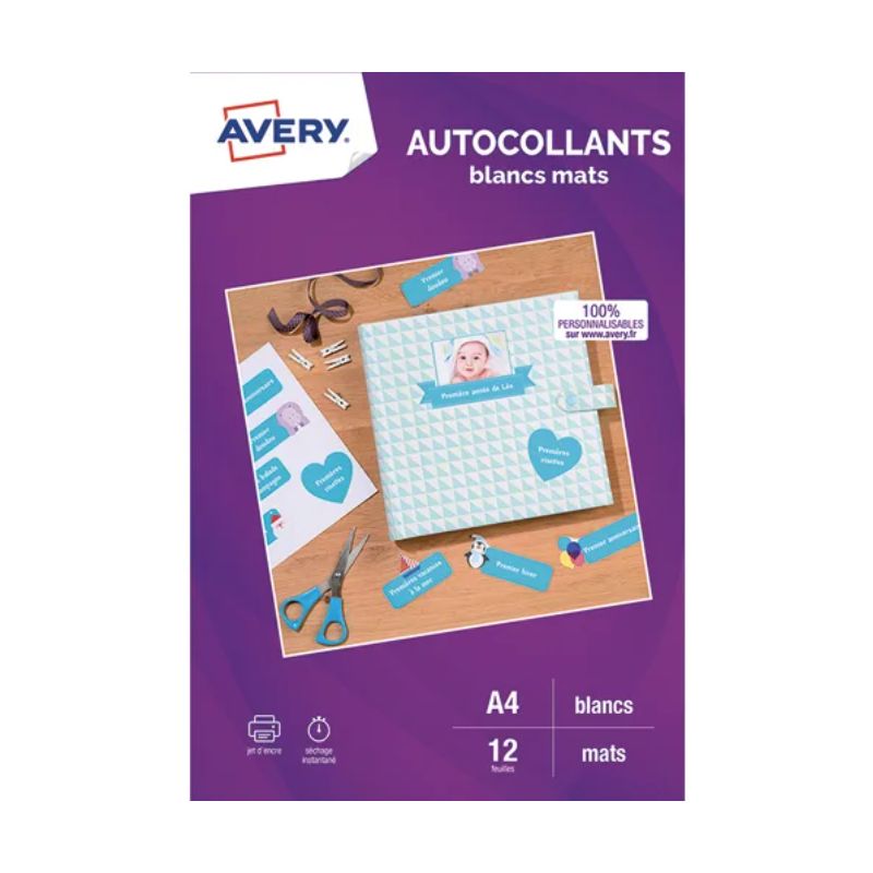 AVERY Sachet de 12 autocollants blancs mats A4. Impression jet d'encre