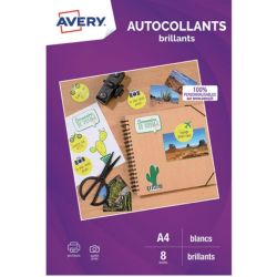 AVERY Sachet de 8 autocollants blancs brillants qualité photo A4. Impression jet d'encre