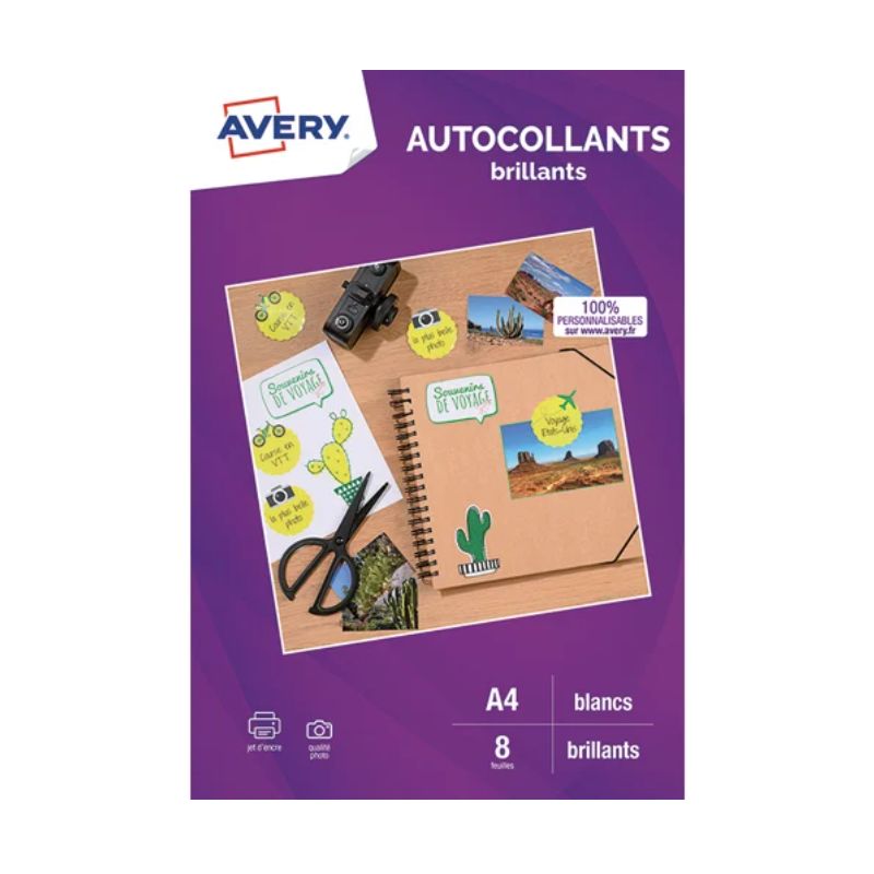 AVERY Sachet de 8 autocollants blancs brillants qualité photo A4. Impression jet d'encre