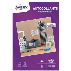 AVERY Sachet de 8 autocollants kraft brun recyclé A4. Impression jet d'encre et laser