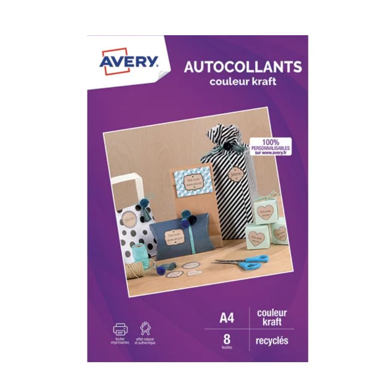 AVERY Sachet de 8 autocollants kraft brun recyclé A4. Impression jet d'encre et laser