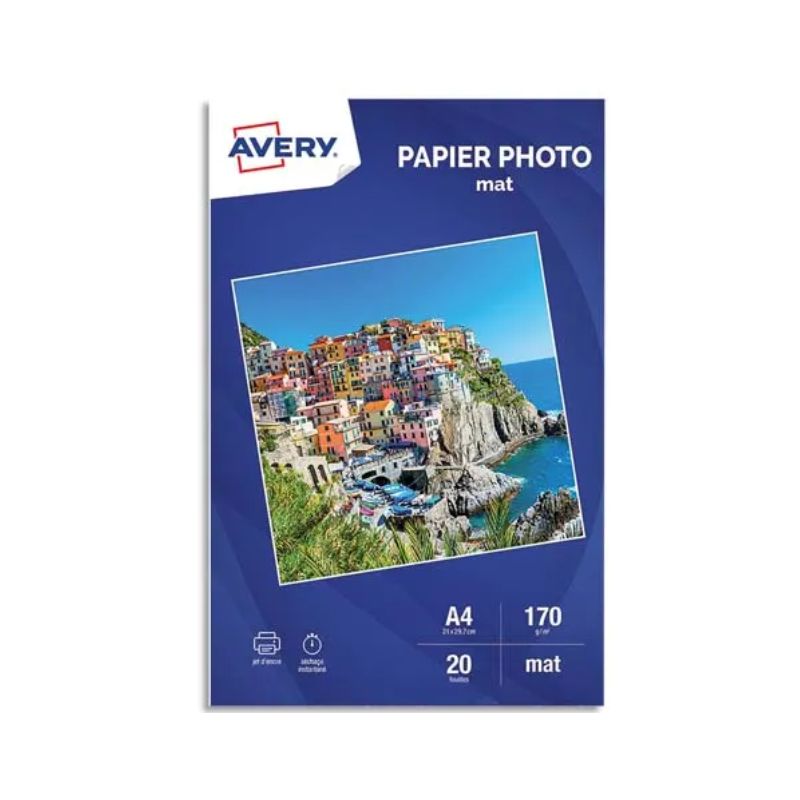 AVERY Boîte de 20 feuilles de papier photo mat A4, Jet d'encre, 170 g