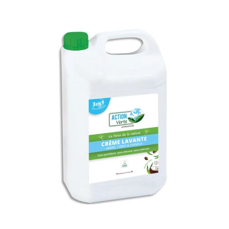 ACTION VERTE Bidon de 5L gel lavant mains, corps, cheveux Ecolabel parfum noix de coco.