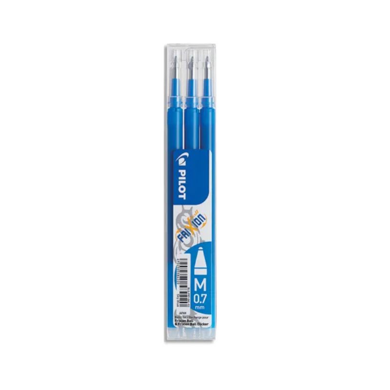 PILOT Set de 3 recharges pour roller FriXion Ball. Pointe moyenne 0,7 mm. Encre Bleue ciel