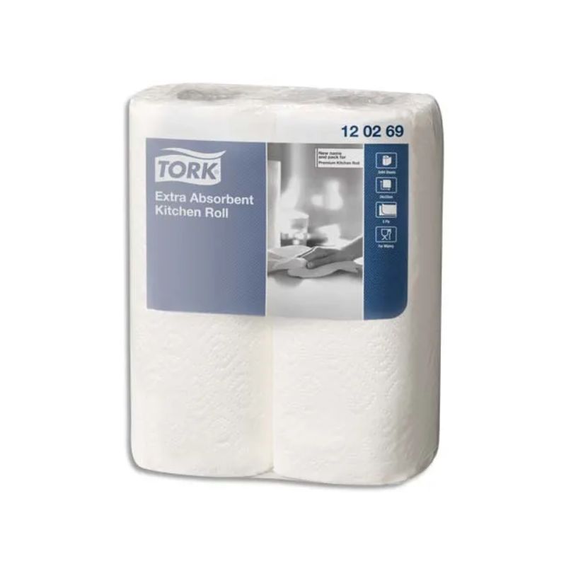 TORK Paquet de 2 rouleaux Essuie-tout Premium Extra absorbant gaufré 2 plis 64 formats 23 x 24 cm