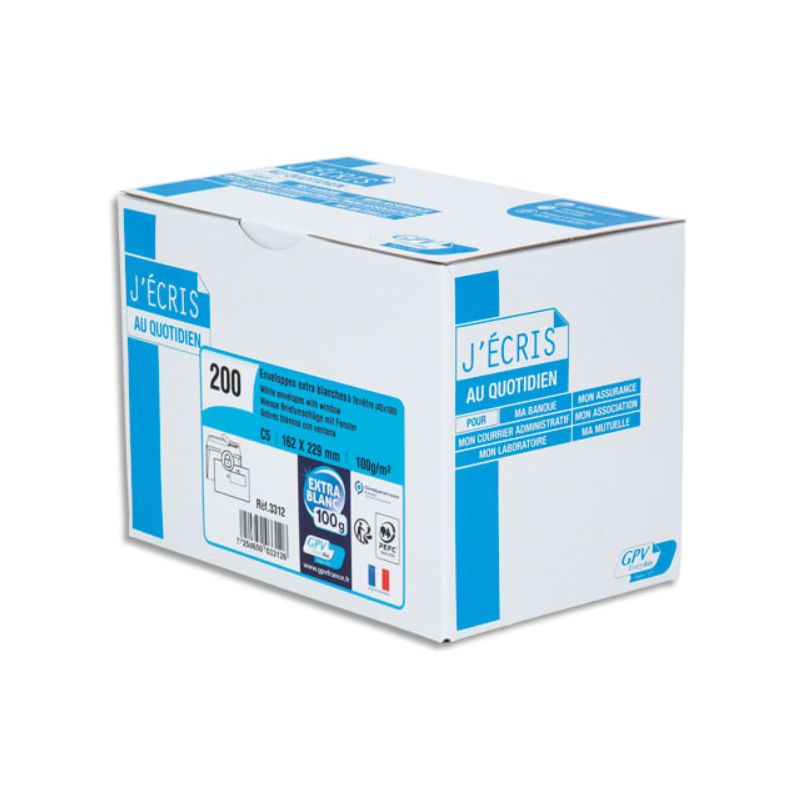 GPV Boîte de 200 enveloppes C5 162x229mm fenêtre 45x100mm 100g Blanches auto-adhésives PEFC