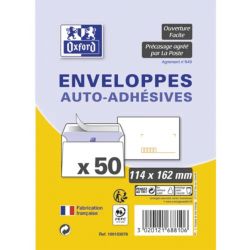 OXFORD Paquet de 50 enveloppes Blanches pré-casées auto-adhésives 80g format