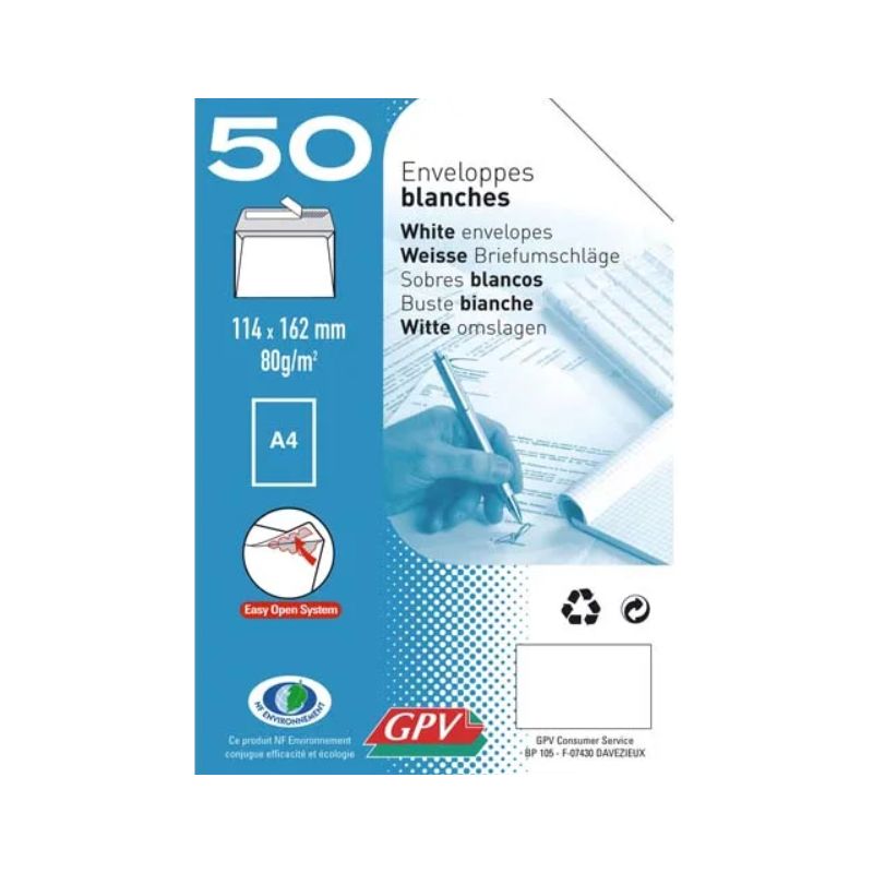 GPV Paquet de 50 enveloppes Blanches auto-adhésives 80 grammes format 114x162mm 