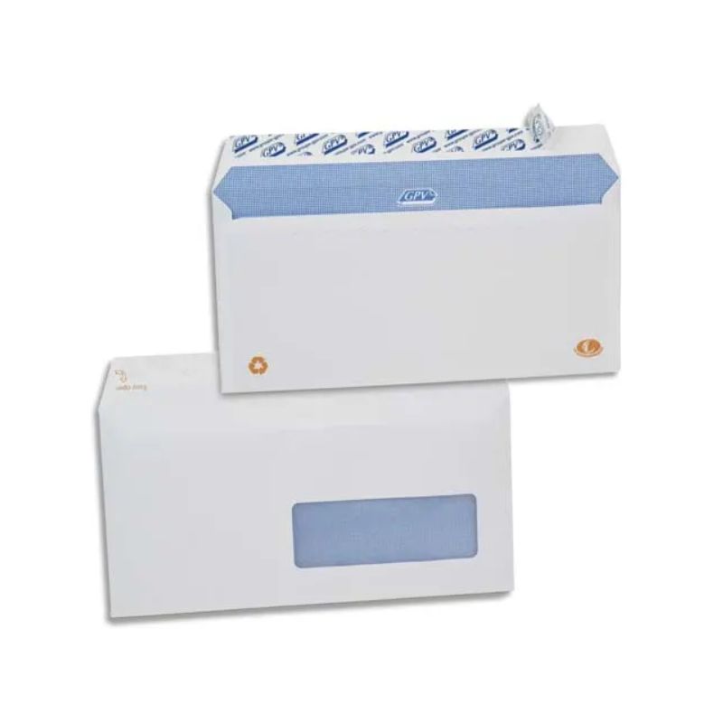 GPV Boîte de 500 enveloppes DL 110x220mm Blanches auto-adhésives fenêtre 35x100 NF & PEFC 90g