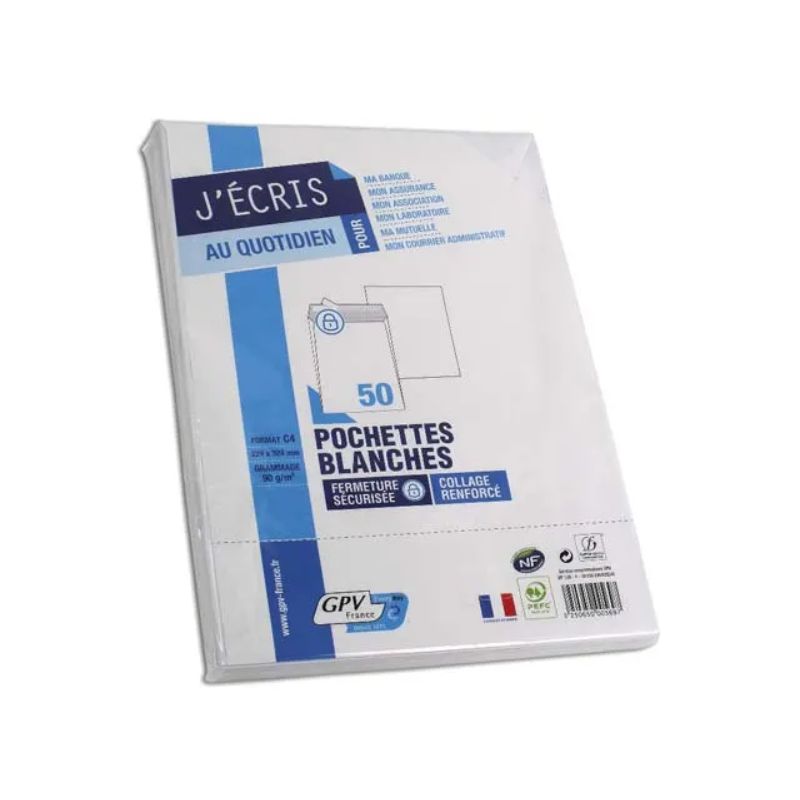 GPV Paquet de 50 pochettes vélin Blanc auto-adhésives 90g format C4 229 x 324 mm fenêtre 50 x 100 mm