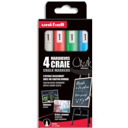 UNI-BALL Pochette 4 marqueurs craie CHALK. Pointe conique 1,8-2,5mm. Coloris Blanc,Vert Fluo,Rouge,Bleu